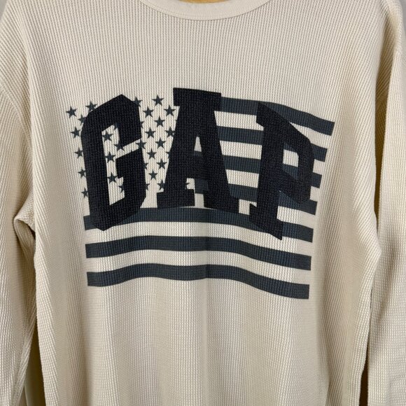 Gap Waffle Knit Long Sleeve Beige Shirt With Navy Logo & Flag Graphic Mens XL - Picture 4 of 13